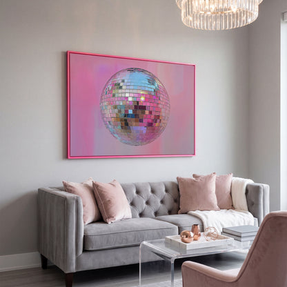 Pink Disco Ball Abstract Canvas in pink floating frame