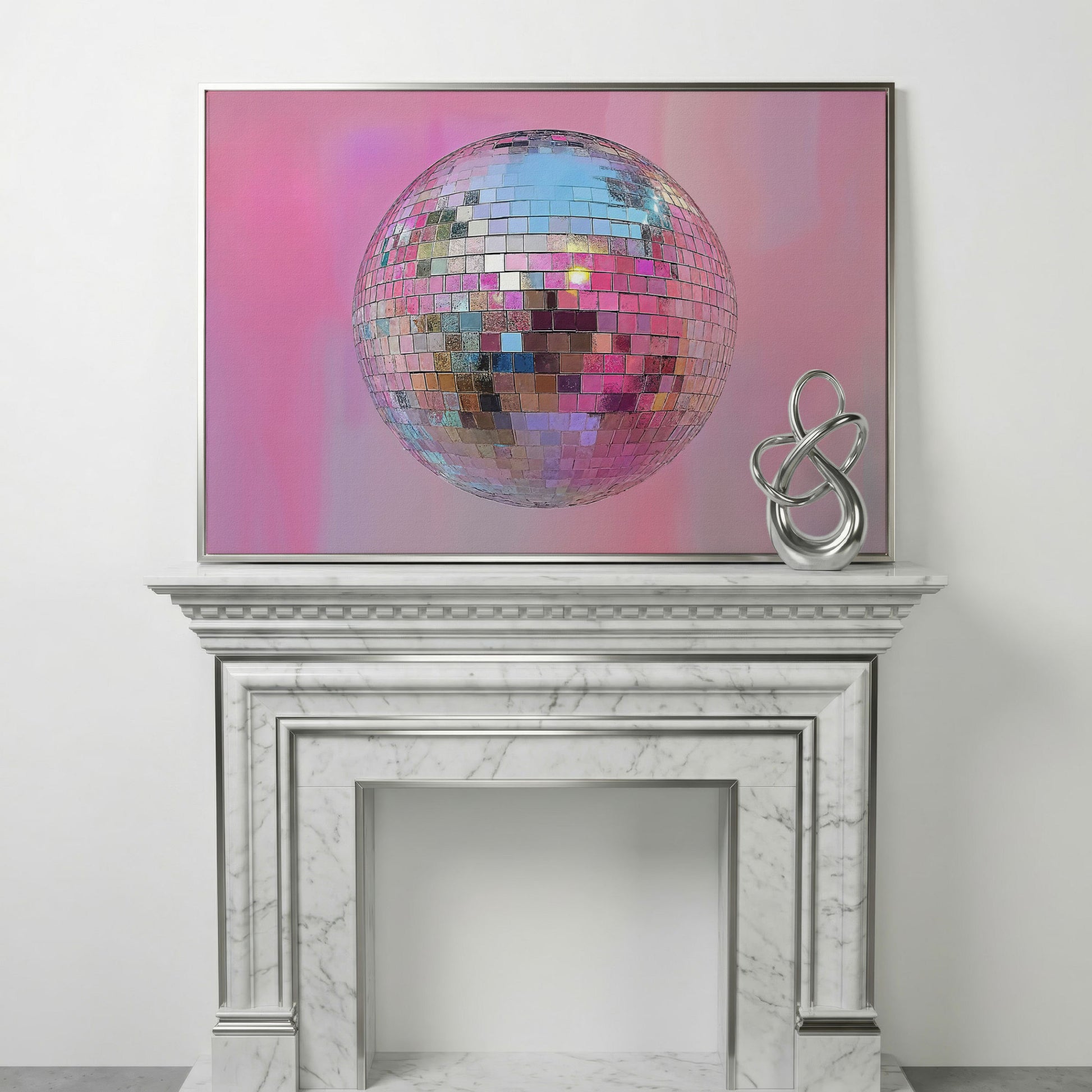 Pink Disco Ball Abstract Canvas in silver floating frame