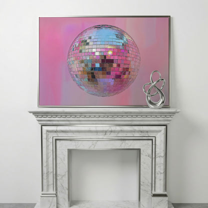 Pink Disco Ball Abstract Canvas in silver floating frame