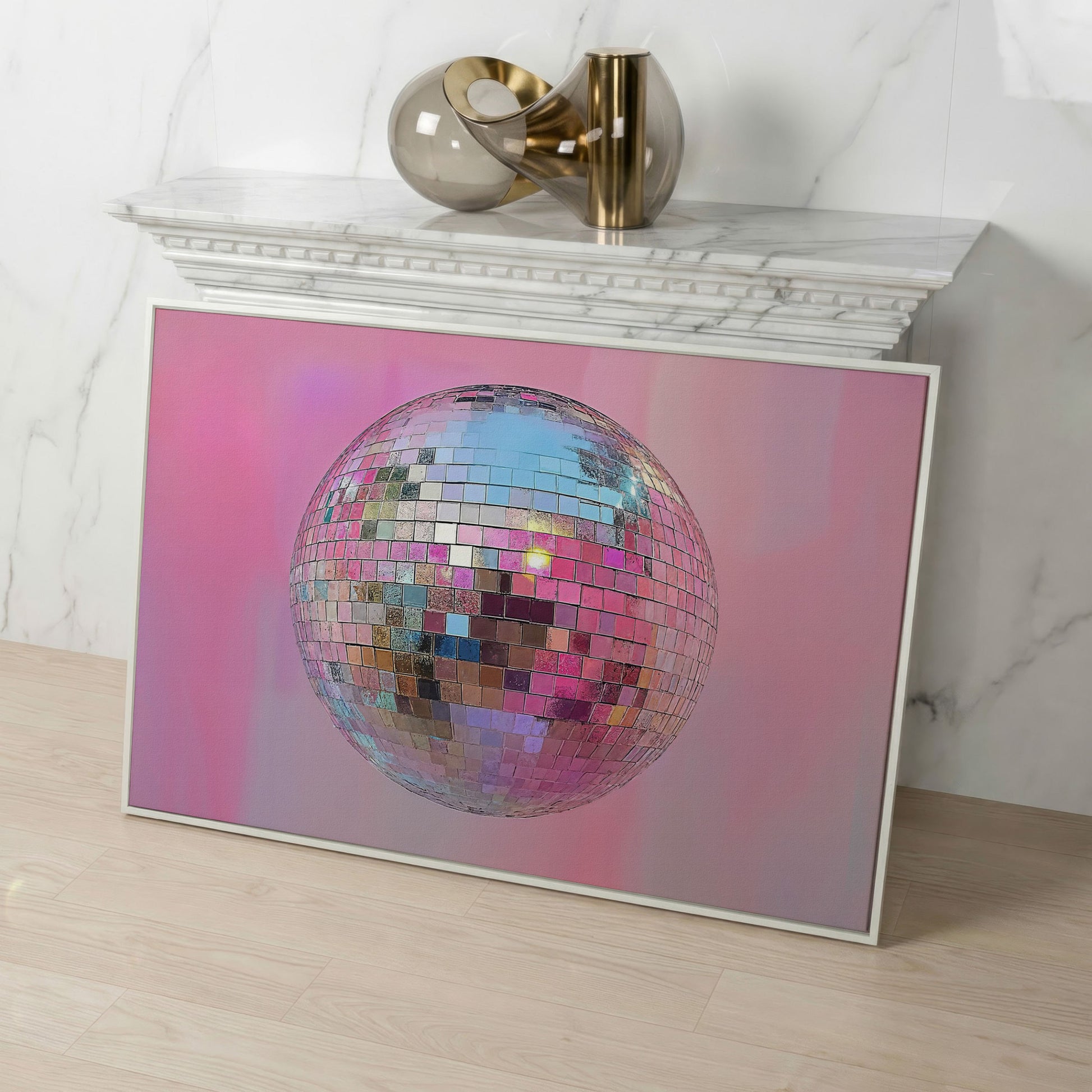 Pink Disco Ball Abstract Canvas in white floating frame