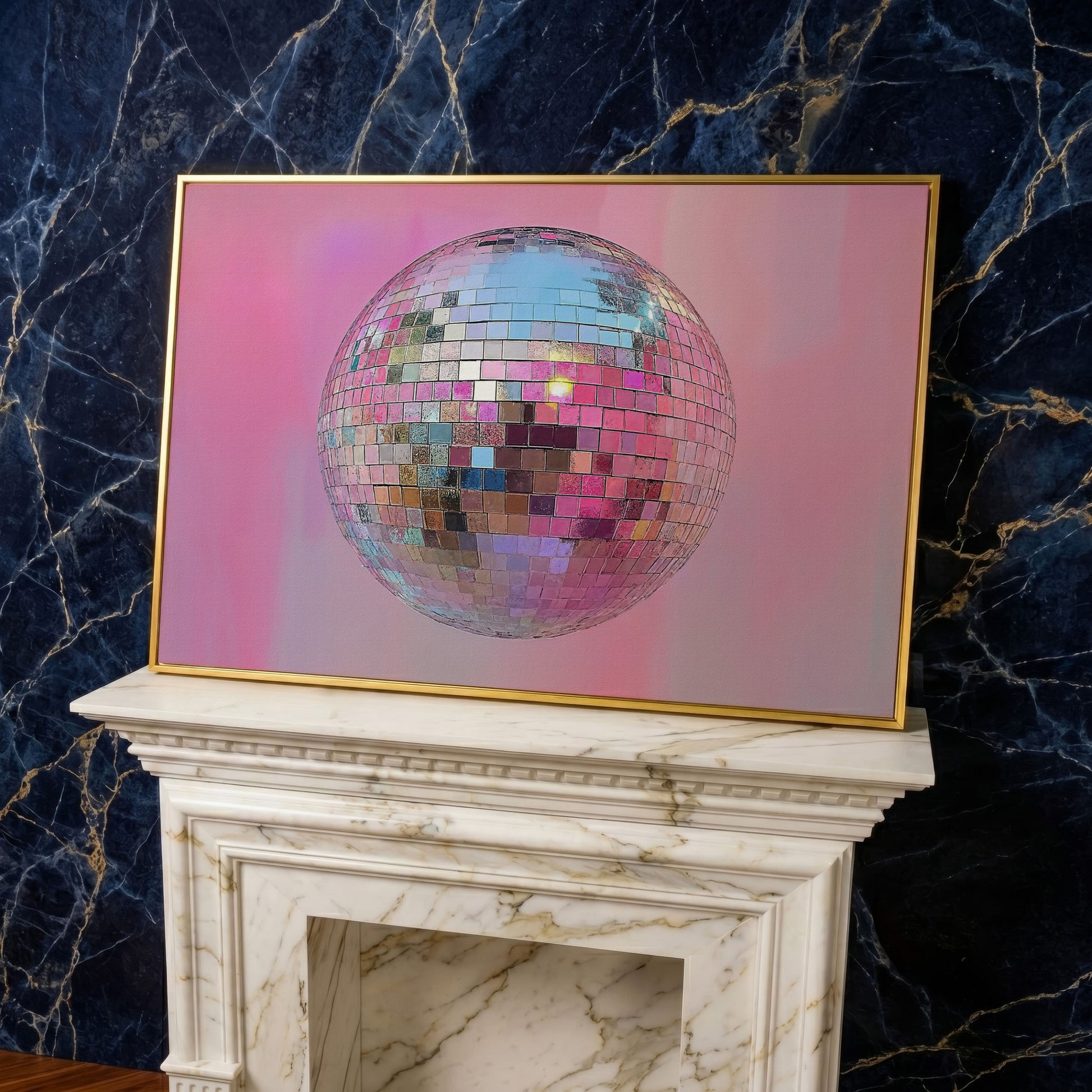 Pink Disco Ball Abstract Canvas in yellow gold floating frame