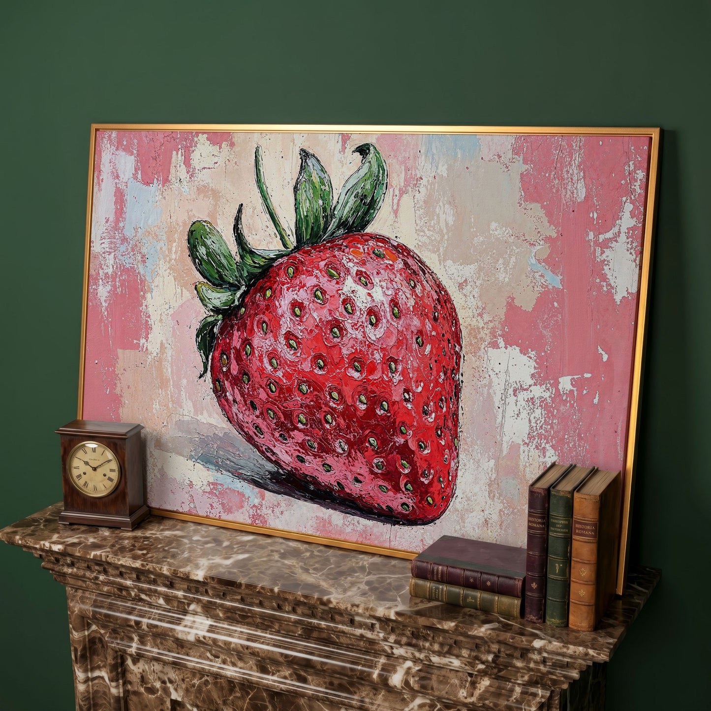 Vibrant Strawberry Canvas Print for Kitchen Walls in antique gold floating frame