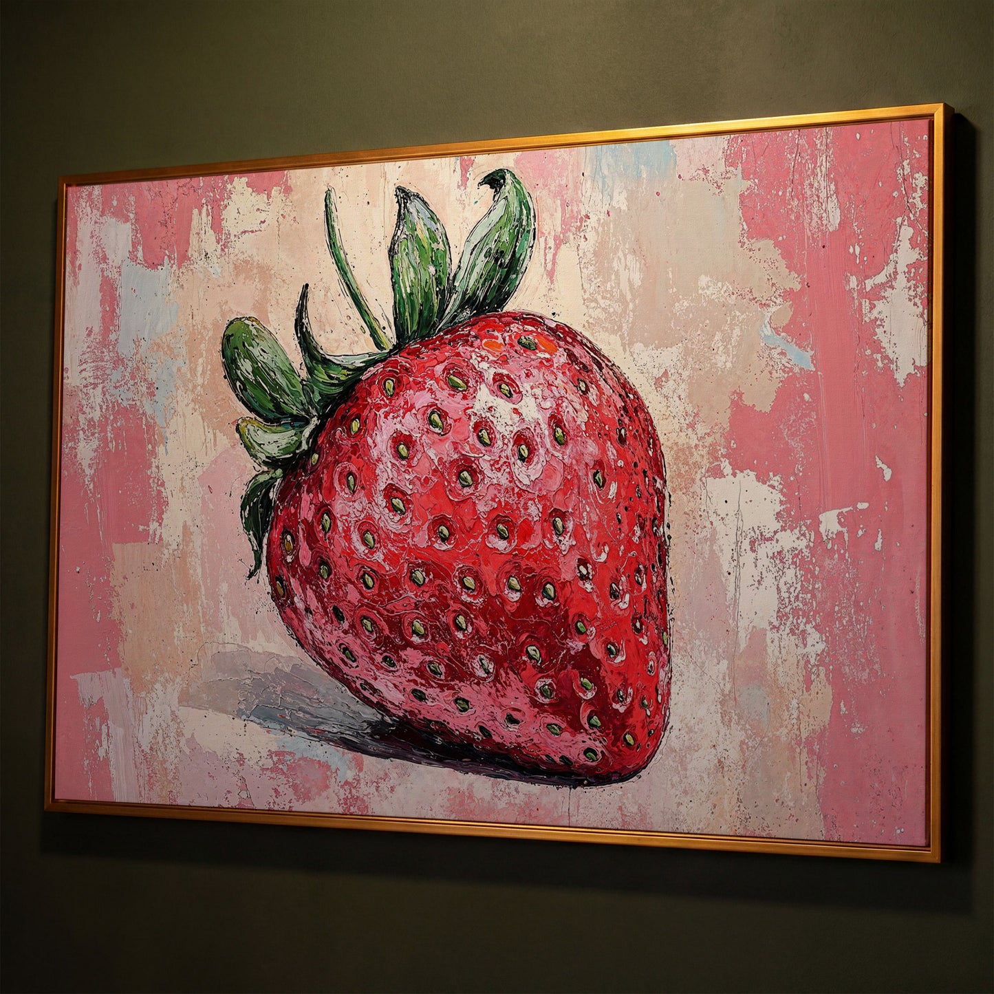 Vibrant Strawberry Canvas Print for Kitchen Walls shown in antique gold floating frame