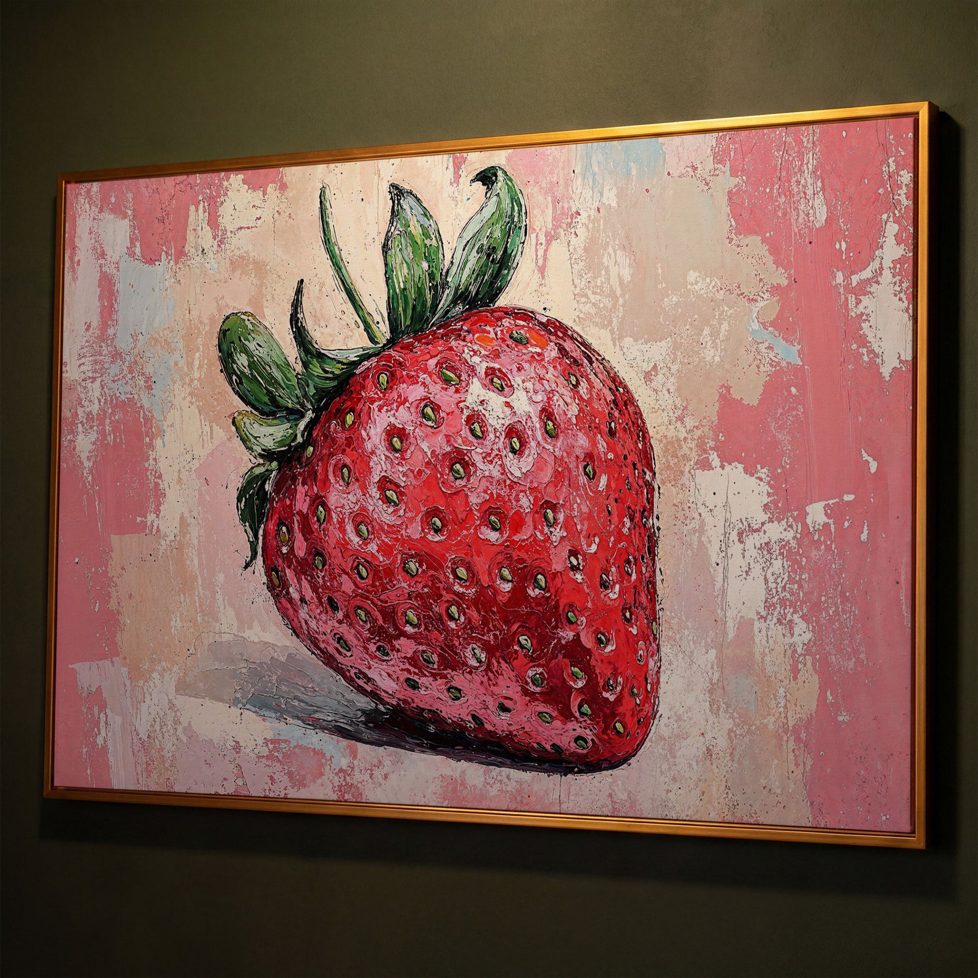 Vibrant Strawberry Canvas Print for Kitchen Walls shown in antique gold floating frame
