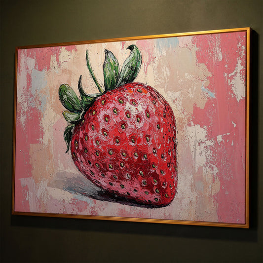 Vibrant Strawberry Canvas Print for Kitchen Walls shown in antique gold floating frame
