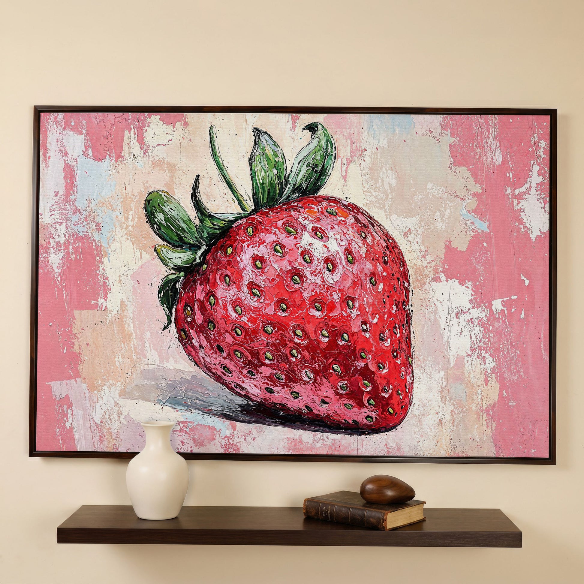 Vibrant Strawberry Canvas Print for Kitchen Walls in dark walnut floating frame