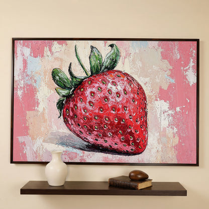 Vibrant Strawberry Canvas Print for Kitchen Walls in dark walnut floating frame