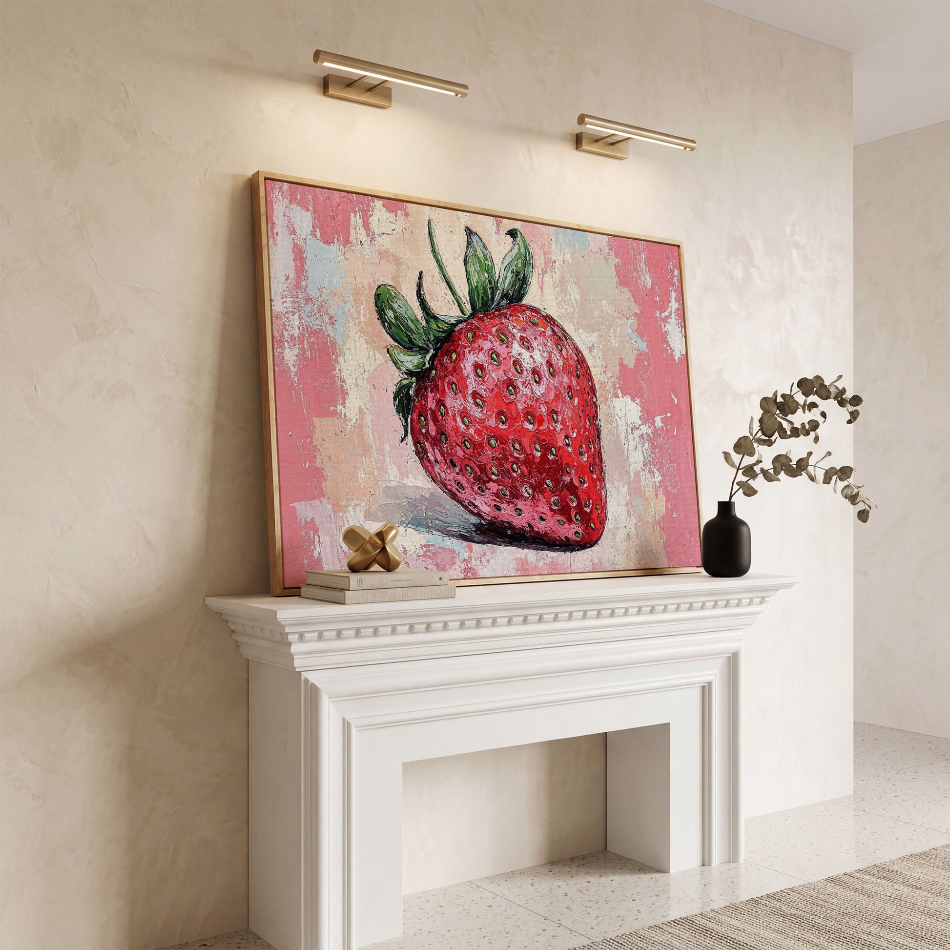 Vibrant Strawberry Canvas Print for Kitchen Walls in white oak floating frame