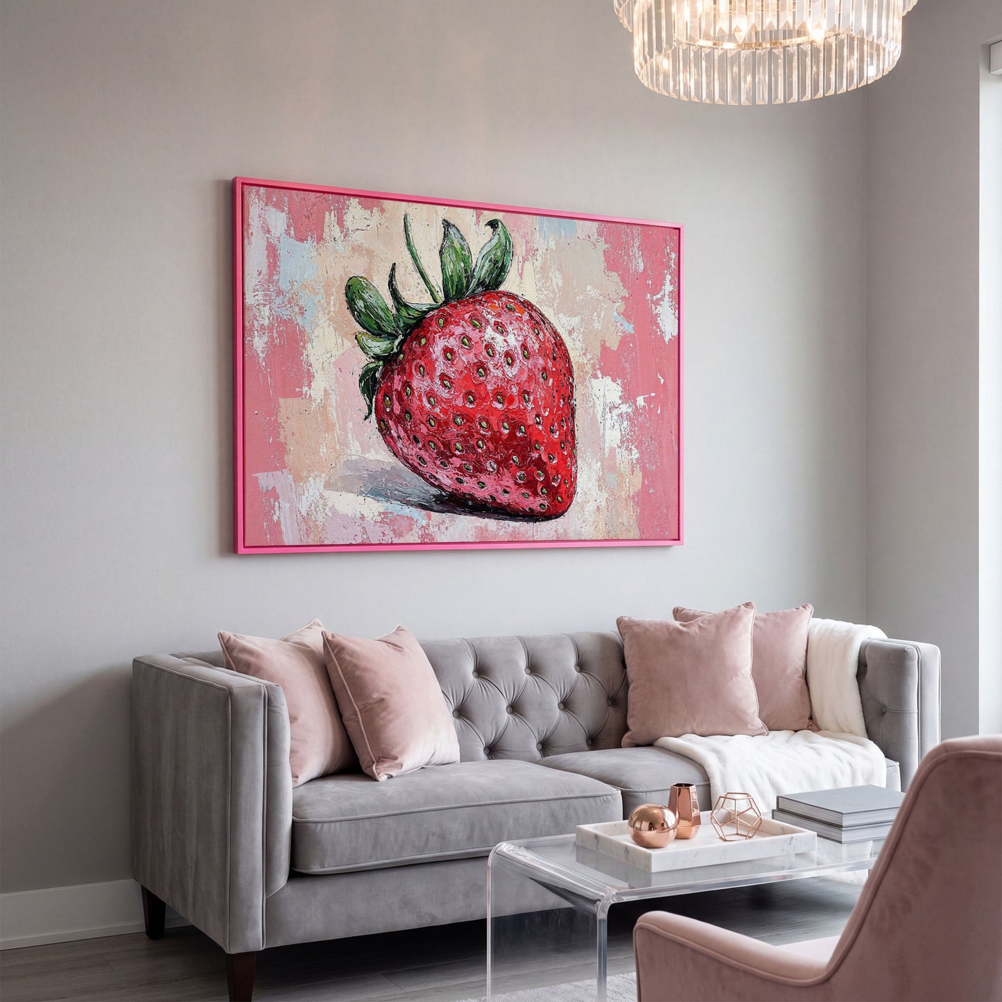 Vibrant Strawberry Canvas Print for Kitchen Walls in pink floating frame