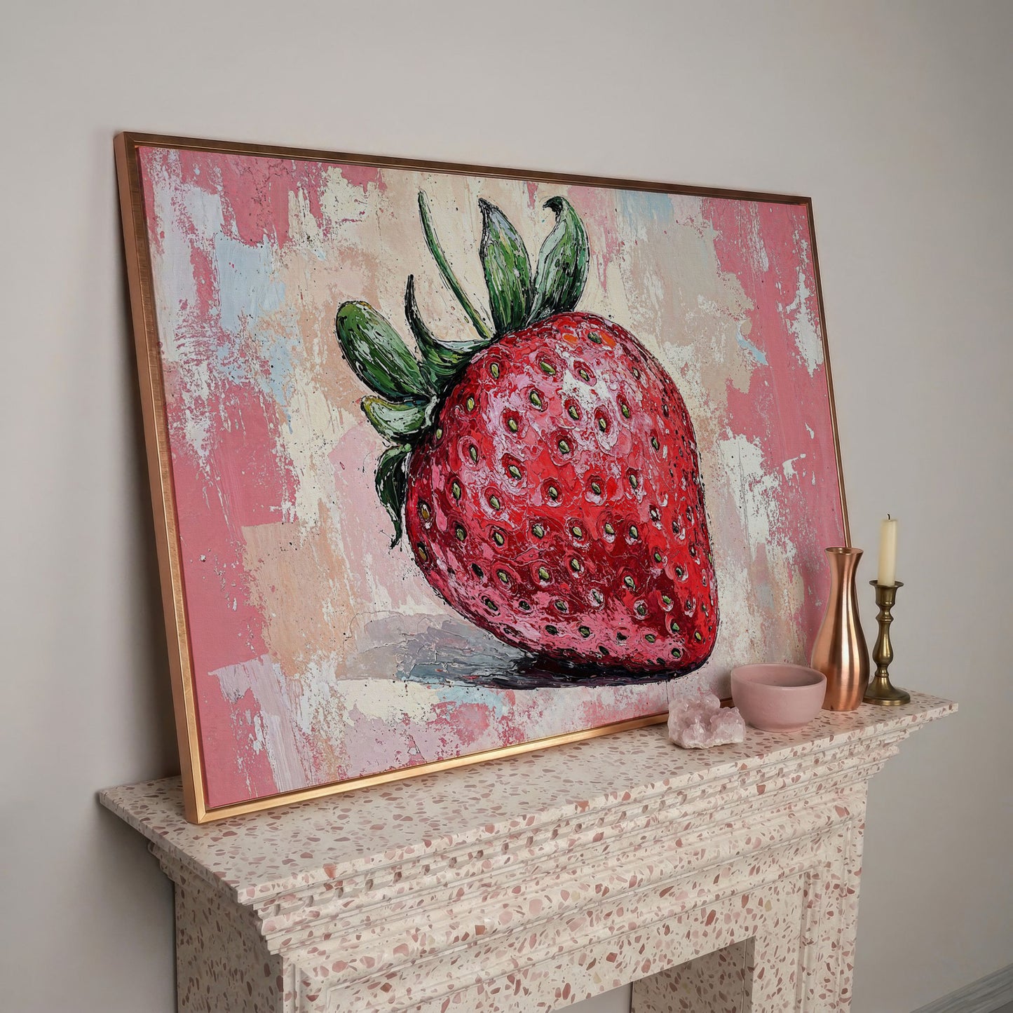 Vibrant Strawberry Canvas Print for Kitchen Walls in rose gold floating frame
