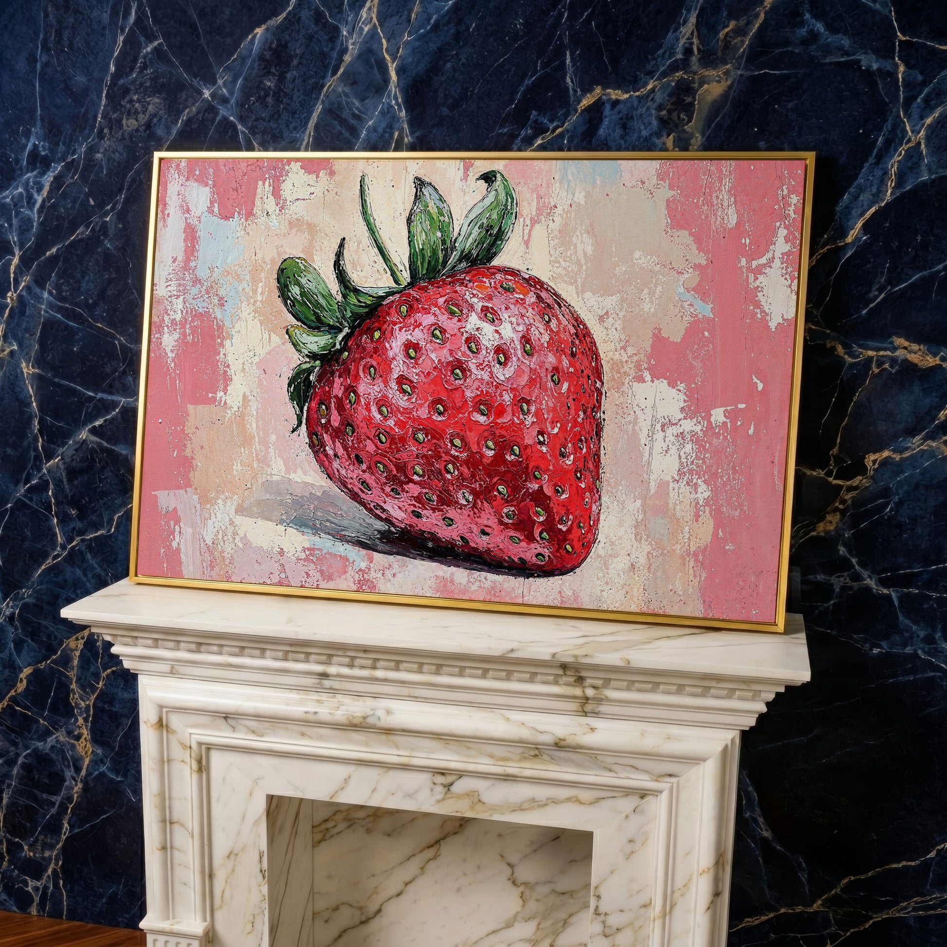 Vibrant Strawberry Canvas Print for Kitchen Walls in yellow gold floating frame