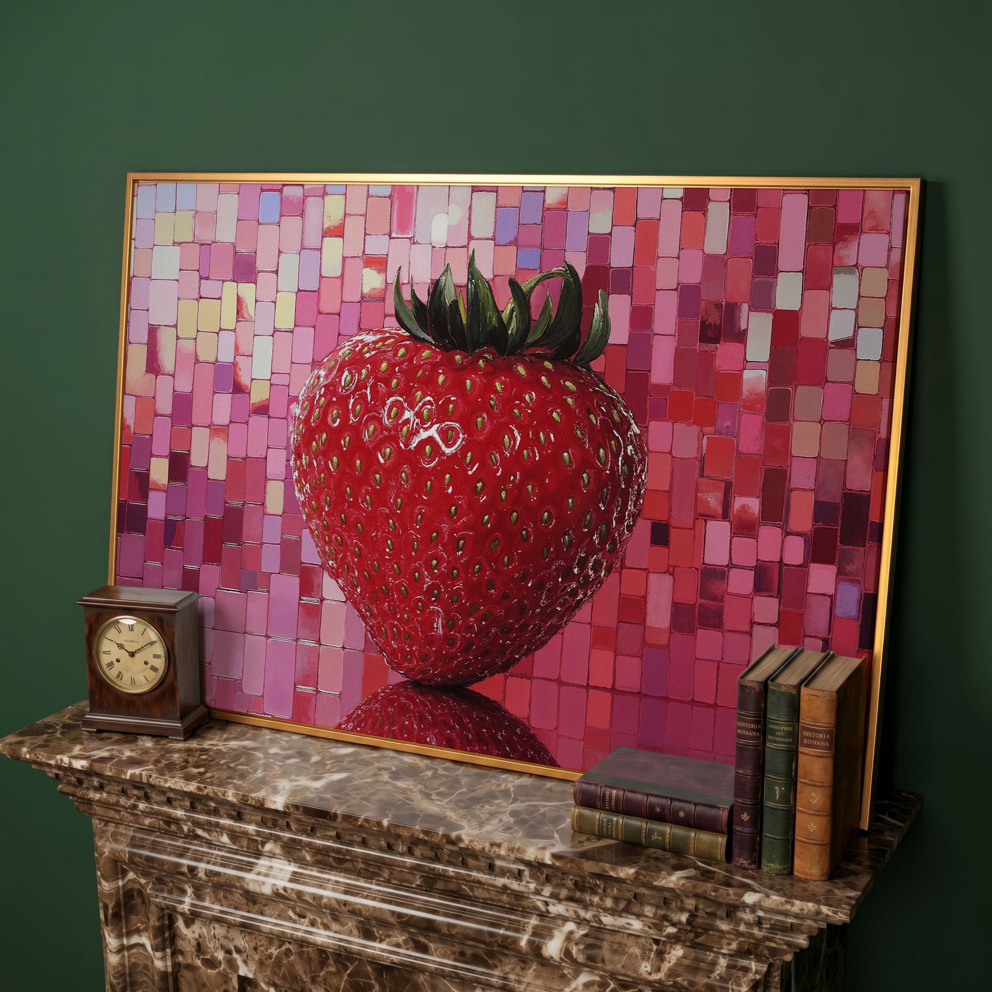 Strawberry on Pink Mosaic Canvas Print in antique gold floating frame
