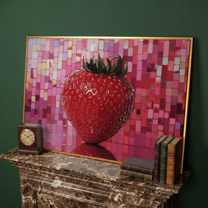 Strawberry on Pink Mosaic Canvas Print in antique gold floating frame
