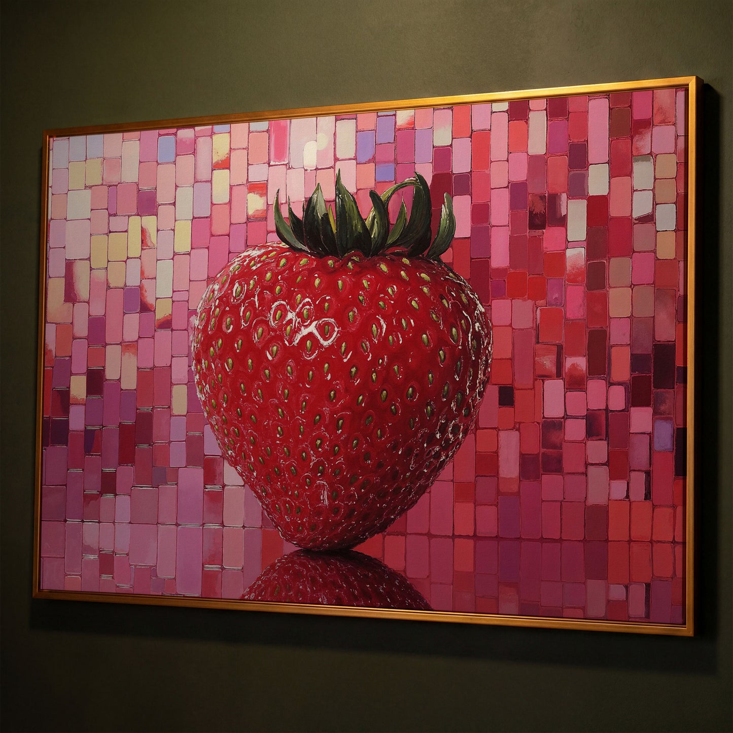 Strawberry on Pink Mosaic Canvas Print shown in antique gold floating frame