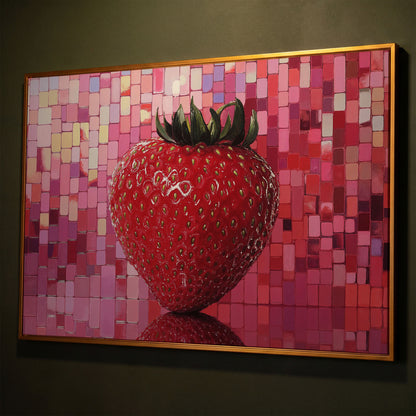 Strawberry on Pink Mosaic Canvas Print shown in antique gold floating frame