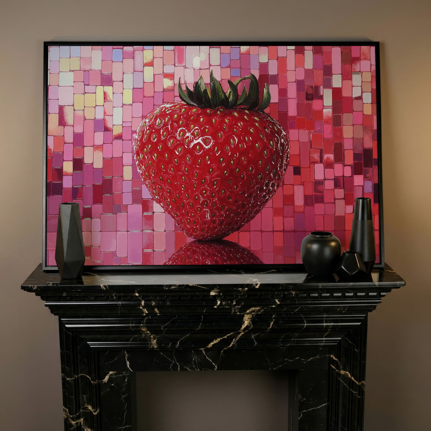 Strawberry on Pink Mosaic Canvas Print in black floating frame