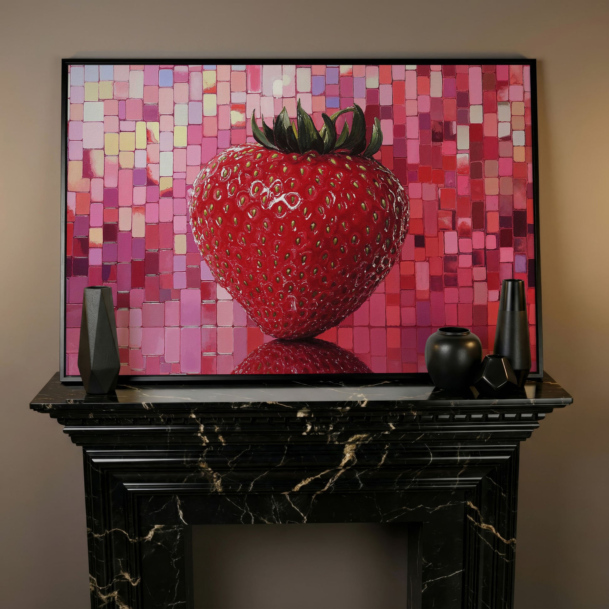 Strawberry on Pink Mosaic Canvas Print in black floating frame