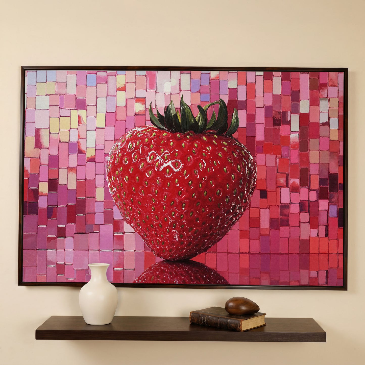 Strawberry on Pink Mosaic Canvas Print in dark walnut floating frame