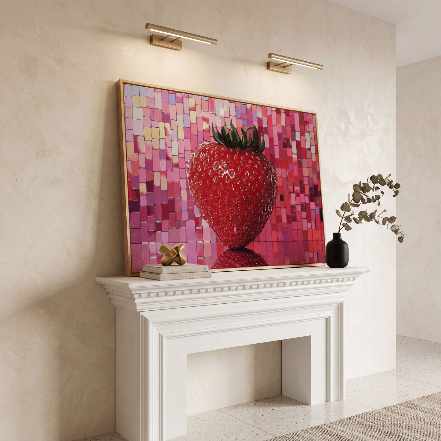 Strawberry on Pink Mosaic Canvas Print in white oak floating frame