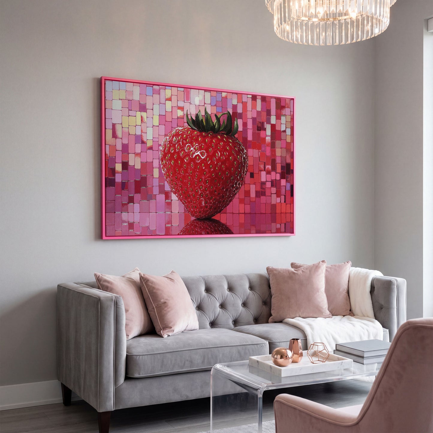 Strawberry on Pink Mosaic Canvas Print in pink floating frame
