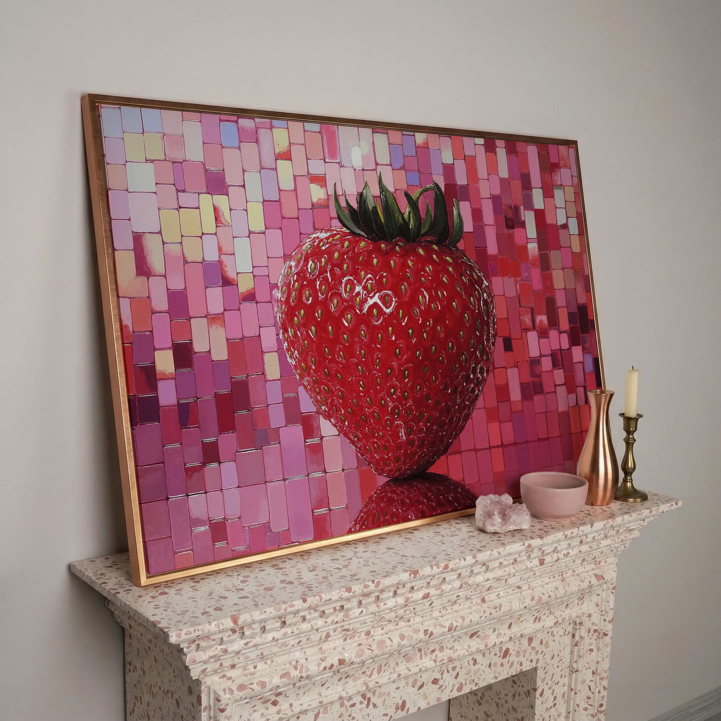 Strawberry on Pink Mosaic Canvas Print in rose gold floating frame