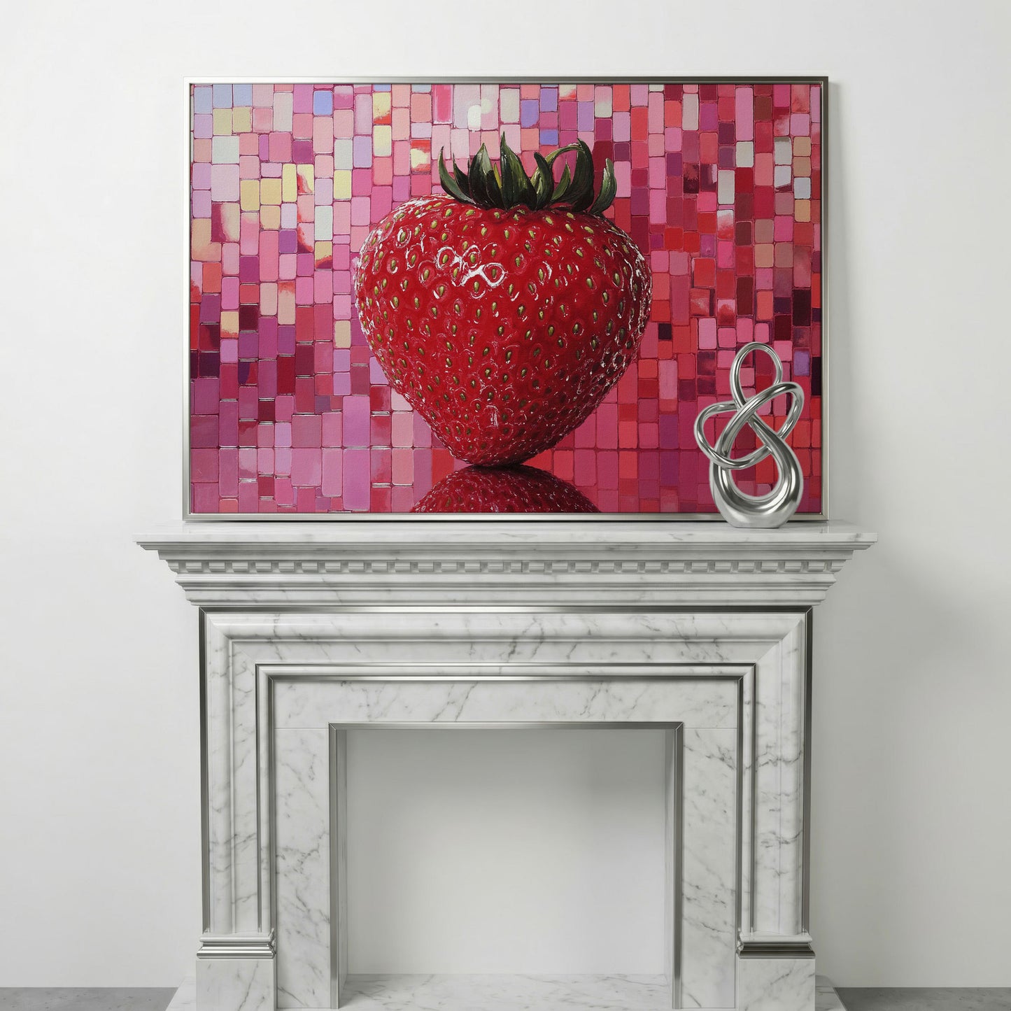 Strawberry on Pink Mosaic Canvas Print in silver floating frame