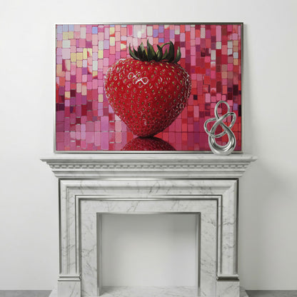 Strawberry on Pink Mosaic Canvas Print in silver floating frame