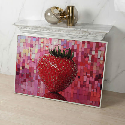 Strawberry on Pink Mosaic Canvas Print in white floating frame