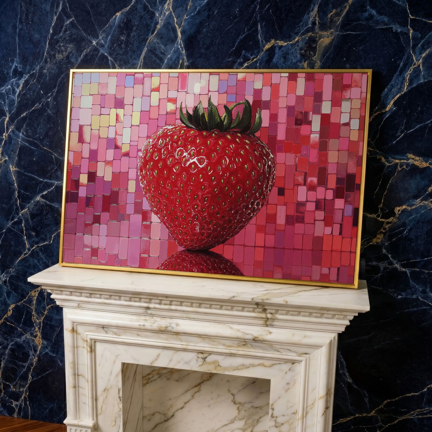 Strawberry on Pink Mosaic Canvas Print in yellow gold floating frame