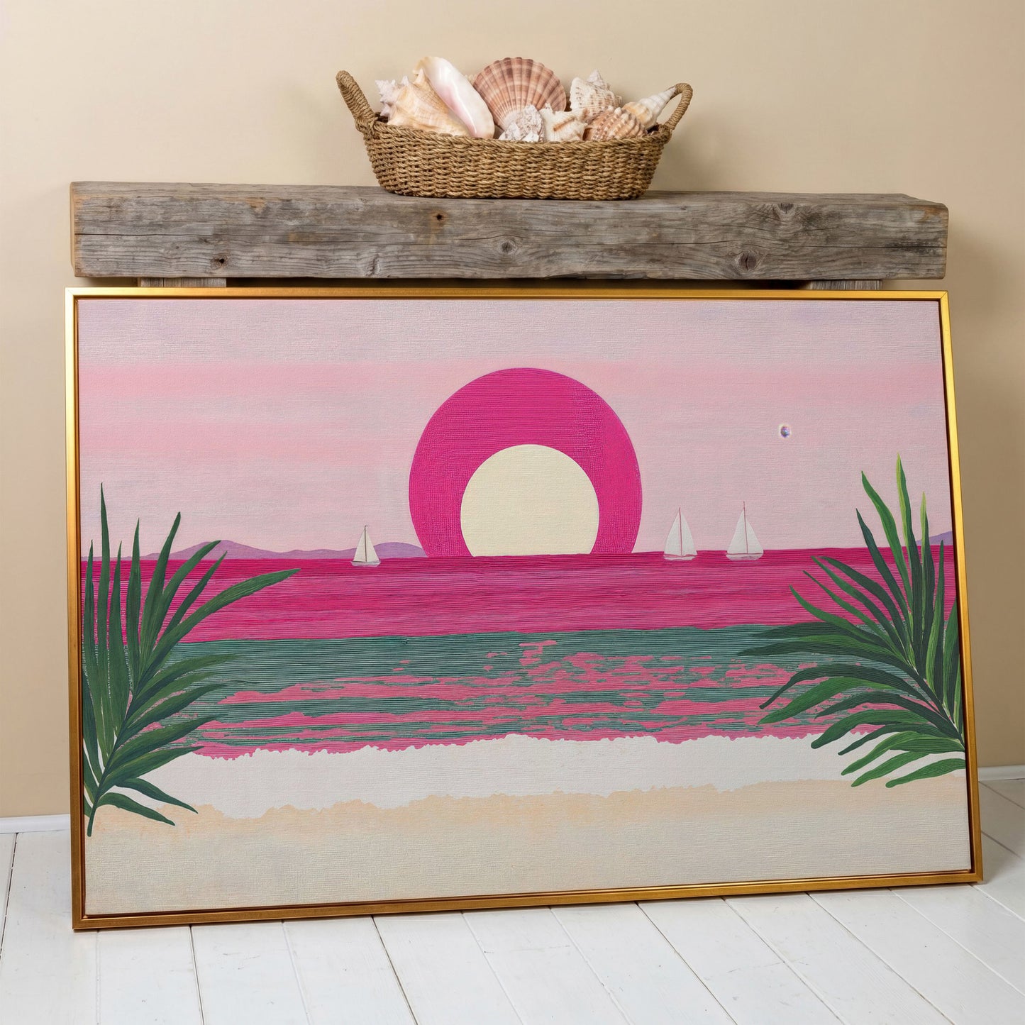 Pink Sunset Sailboat Canvas Print with Coastal Palm Framing in antique gold floating frame