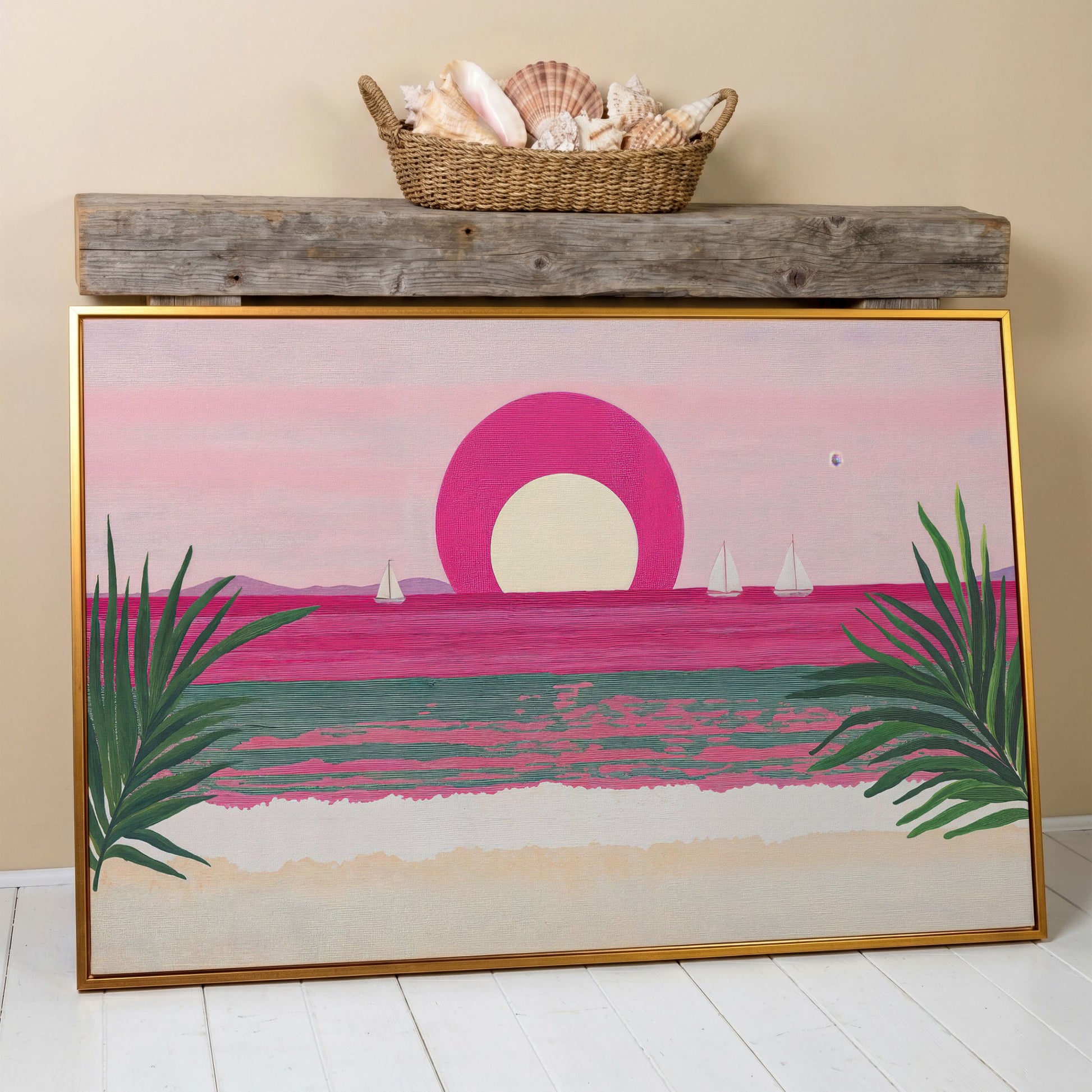 Pink Sunset Sailboat Canvas Print with Coastal Palm Framing in antique gold floating frame