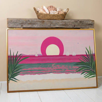 Pink Sunset Sailboat Canvas Print with Coastal Palm Framing in antique gold floating frame