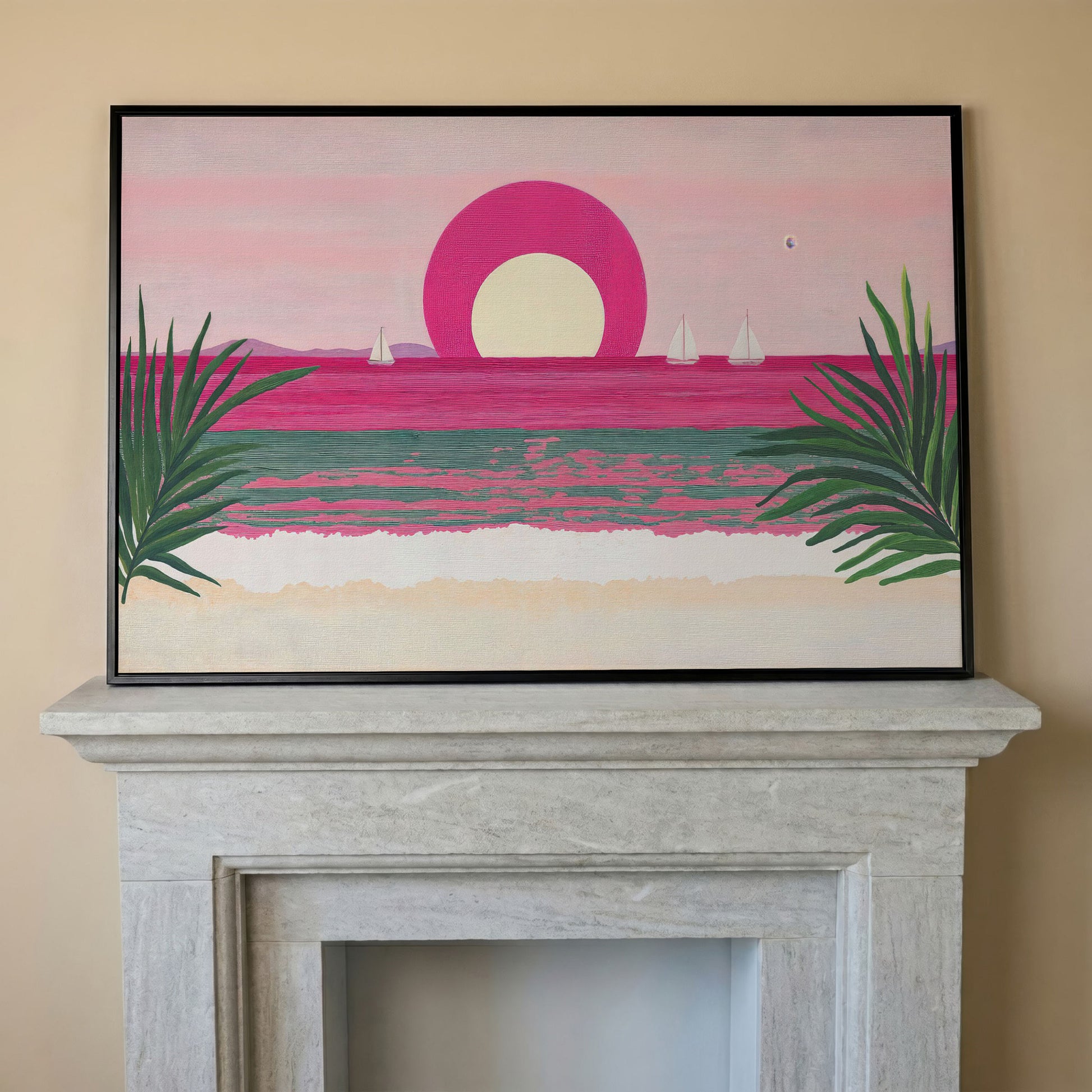 Pink Sunset Sailboat Canvas Print with Coastal Palm Framing in black floating frame