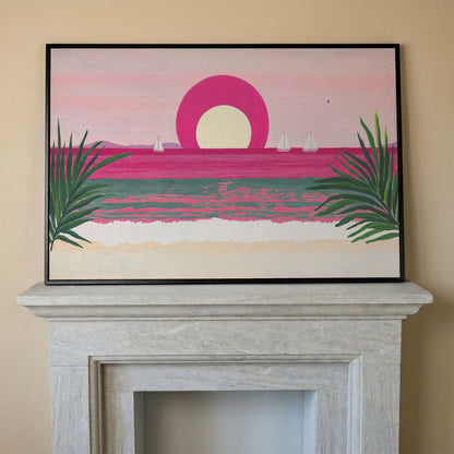 Pink Sunset Sailboat Canvas Print with Coastal Palm Framing in black floating frame