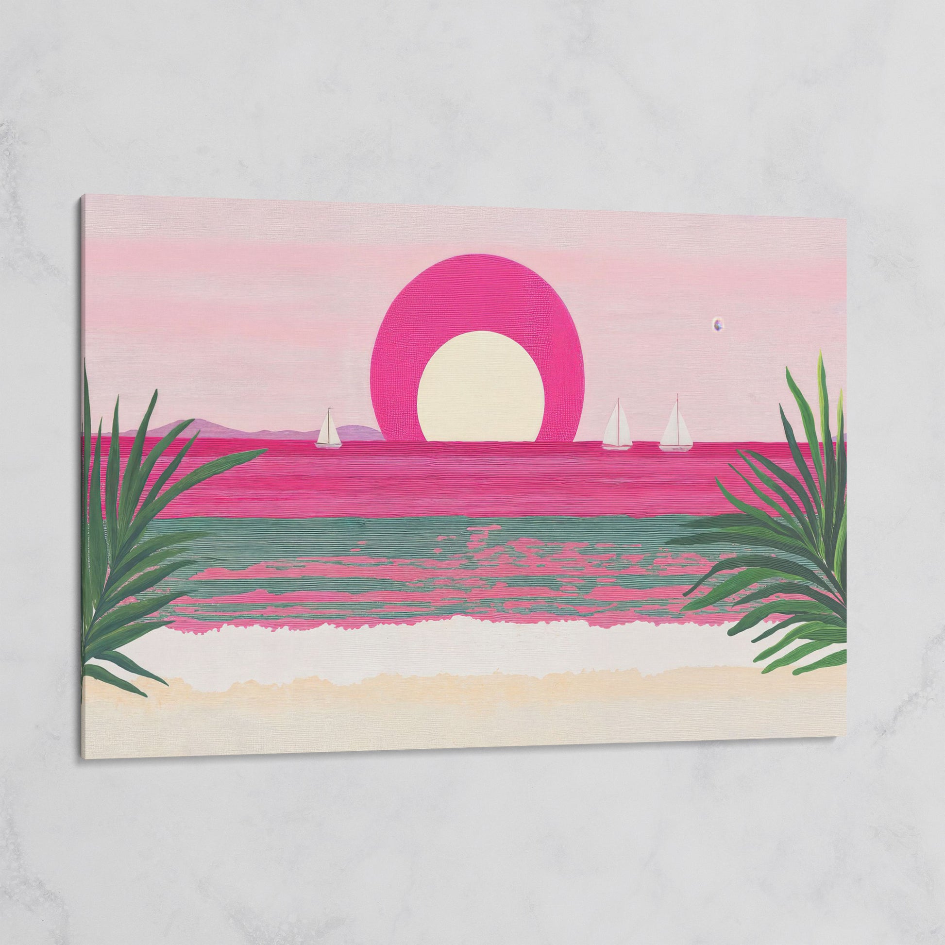Pink Sunset Sailboat Canvas Print with Coastal Palm Framing on gallery wrap