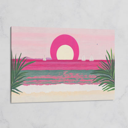 Pink Sunset Sailboat Canvas Print with Coastal Palm Framing on gallery wrap