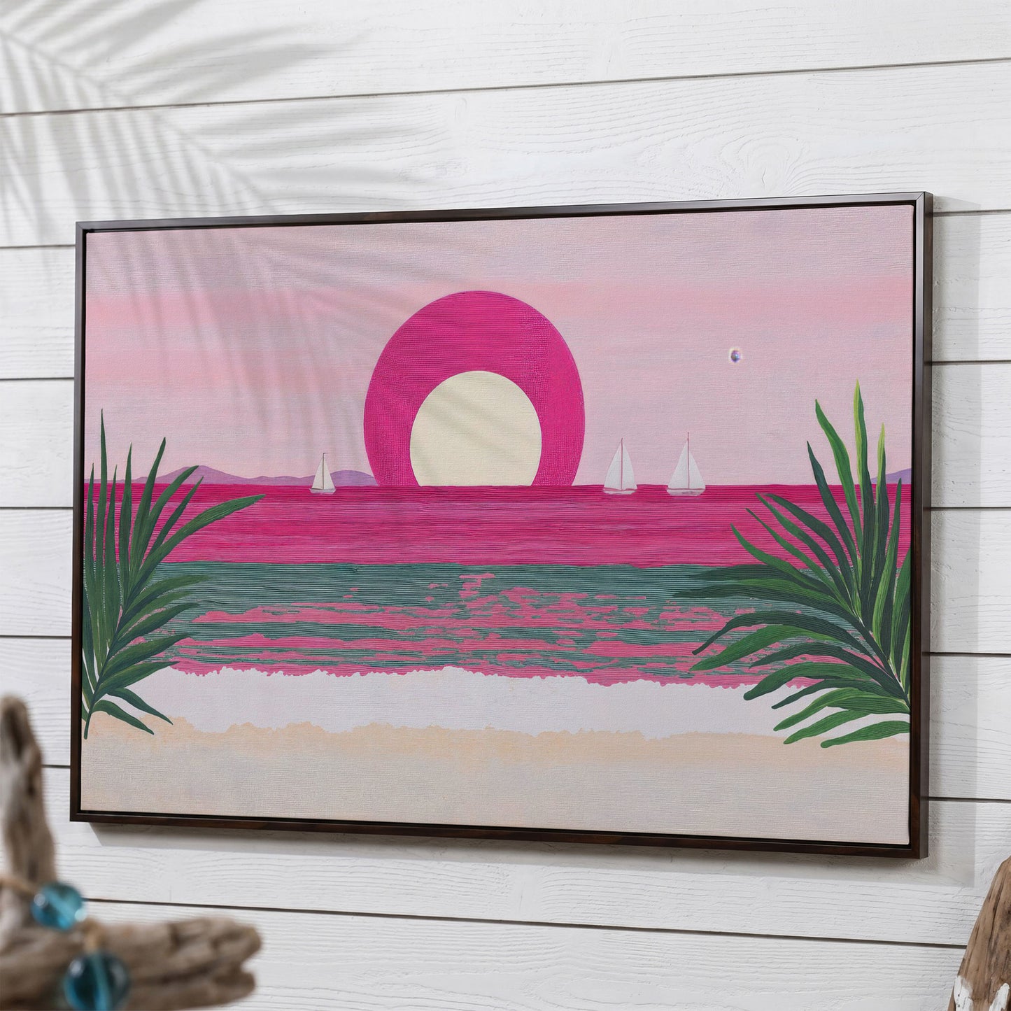 Pink Sunset Sailboat Canvas Print with Coastal Palm Framing in dark walnut floating frame