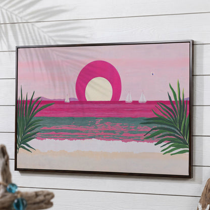 Pink Sunset Sailboat Canvas Print with Coastal Palm Framing in dark walnut floating frame