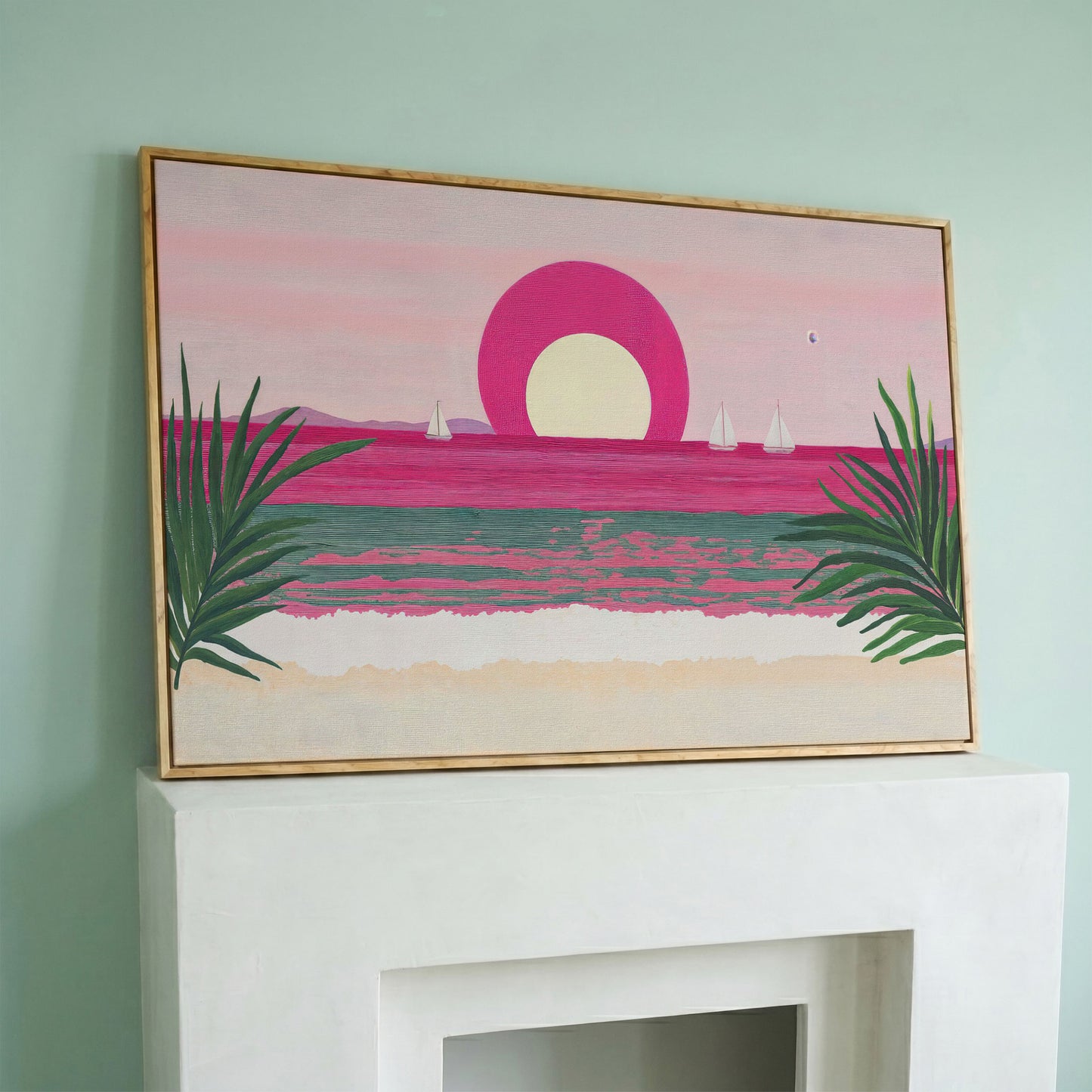 Pink Sunset Sailboat Canvas Print with Coastal Palm Framing in white oak floating frame