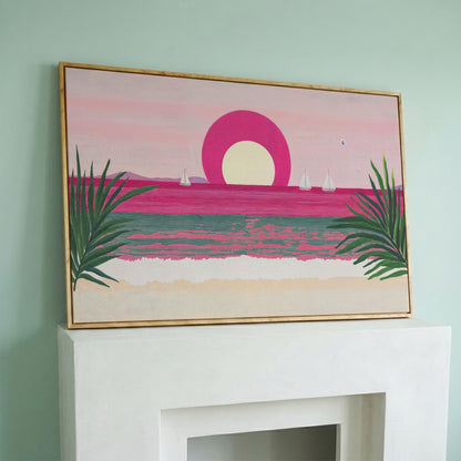 Pink Sunset Sailboat Canvas Print with Coastal Palm Framing in white oak floating frame