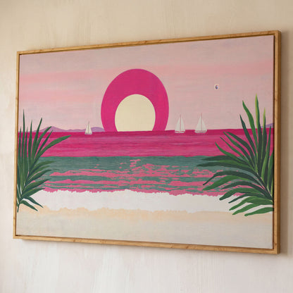 Pink Sunset Sailboat Canvas Print with Coastal Palm Framing shown in white oak floating frame