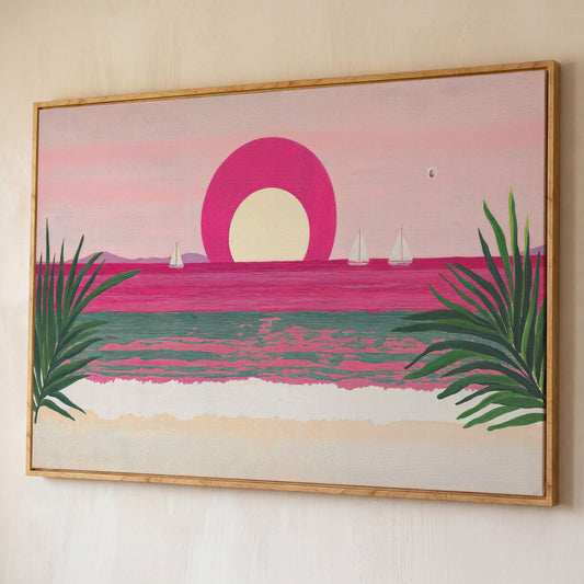 Pink Sunset Sailboat Canvas Print with Coastal Palm Framing shown in white oak floating frame