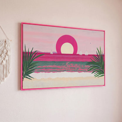 Pink Sunset Sailboat Canvas Print with Coastal Palm Framing in pink floating frame