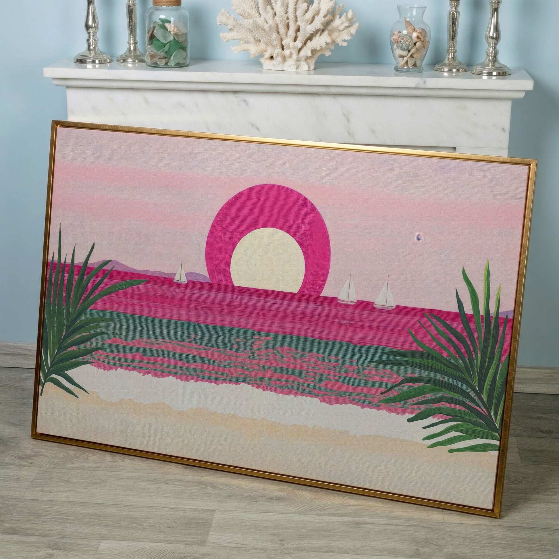 Pink Sunset Sailboat Canvas Print with Coastal Palm Framing in rose gold floating frame