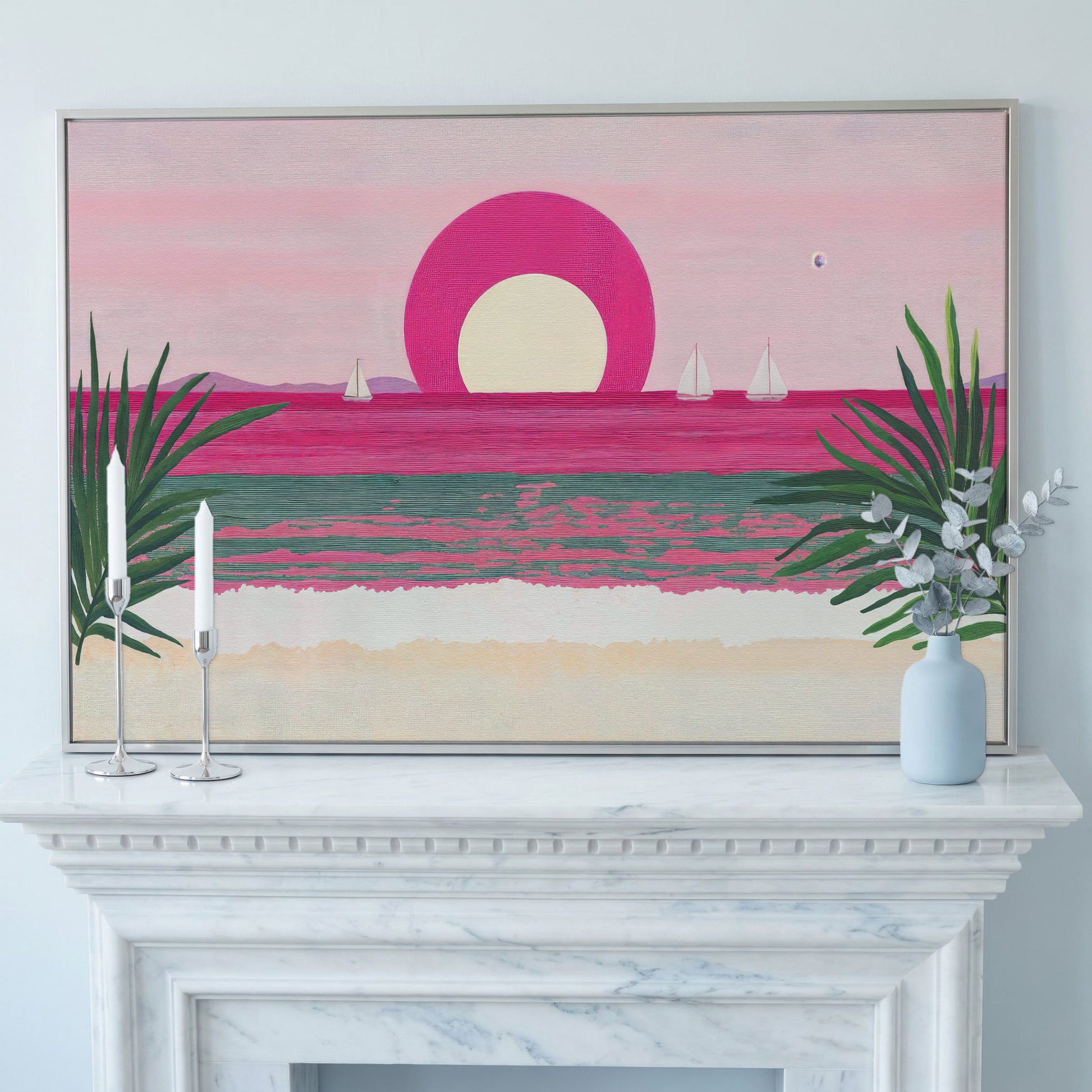 Pink Sunset Sailboat Canvas Print with Coastal Palm Framing in silver floating frame