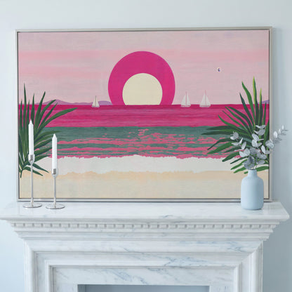 Pink Sunset Sailboat Canvas Print with Coastal Palm Framing in silver floating frame