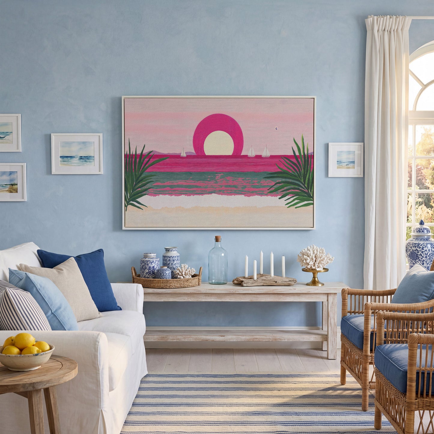 Pink Sunset Sailboat Canvas Print with Coastal Palm Framing in white floating frame