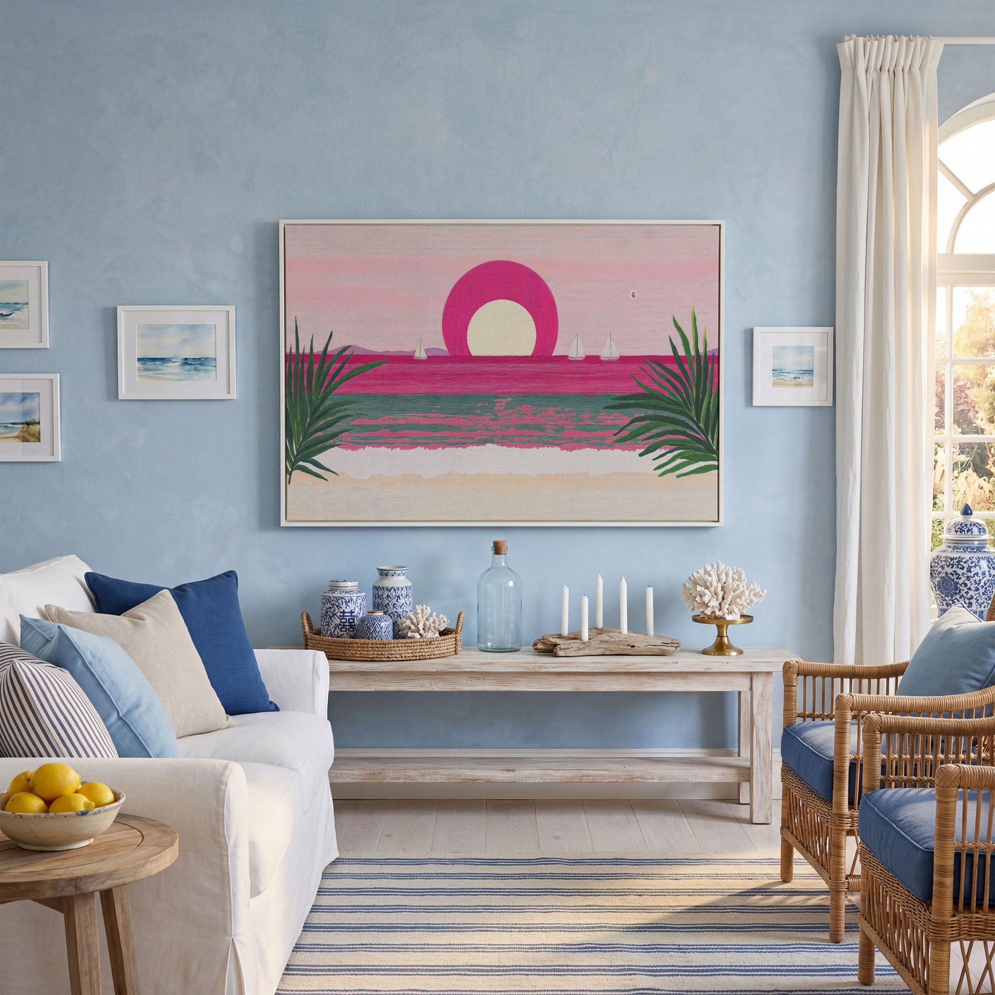 Pink Sunset Sailboat Canvas Print with Coastal Palm Framing in white floating frame