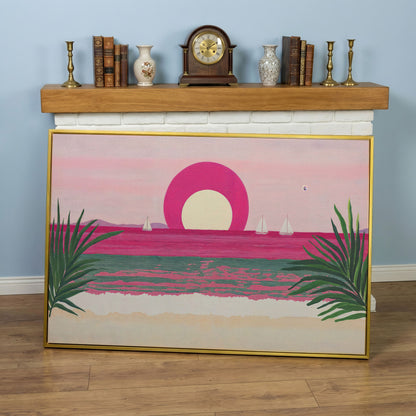 Pink Sunset Sailboat Canvas Print with Coastal Palm Framing in yellow gold floating frame