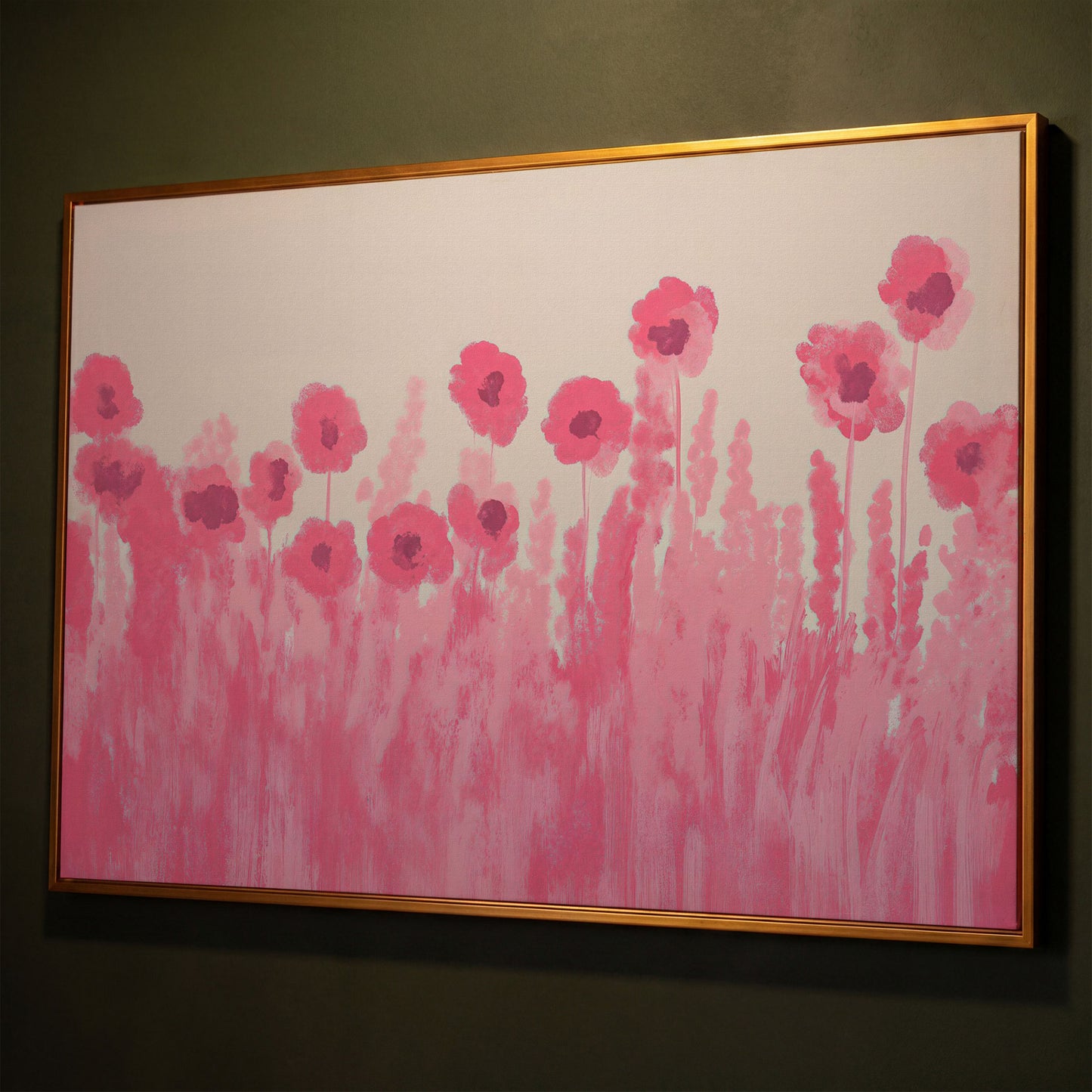 Pink Poppies Canvas Print shown in antique gold floating frame